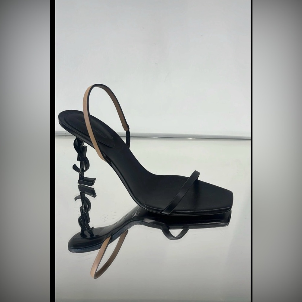 Black Slingback Heeled Sandal with Sculpted Logo Heel